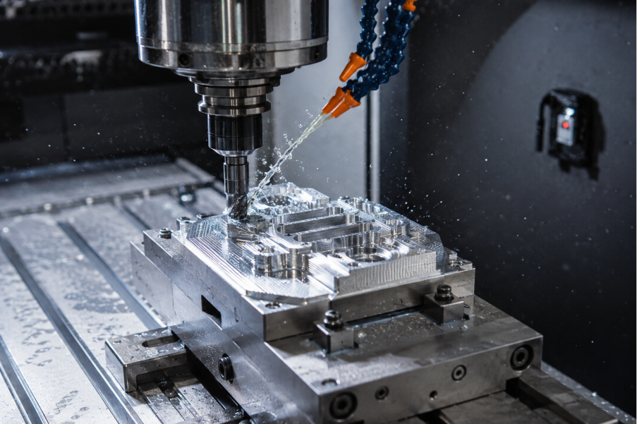 CNC milling machine machining a precision aluminium component